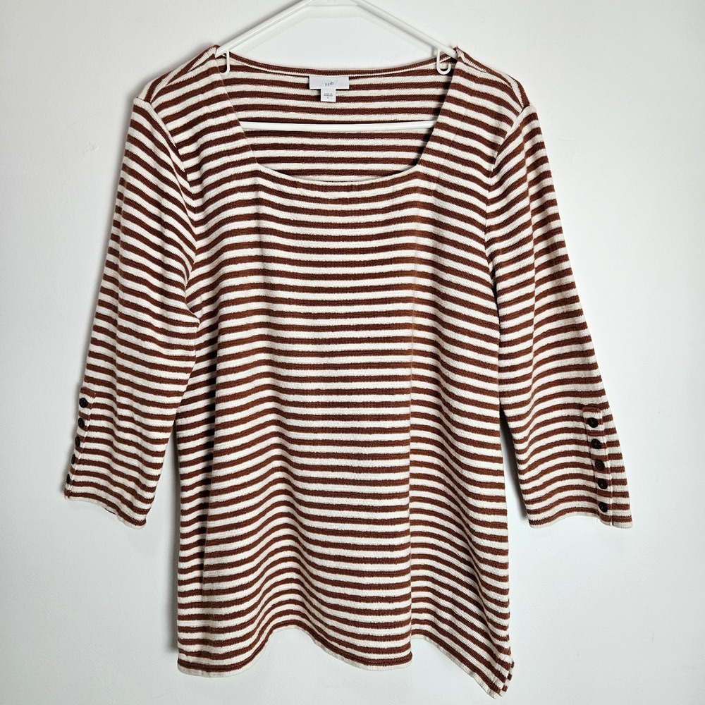 J.Jill Blouse Size L Square Neck 3/4 Sleeve Cotton Top Henna Cream Striped